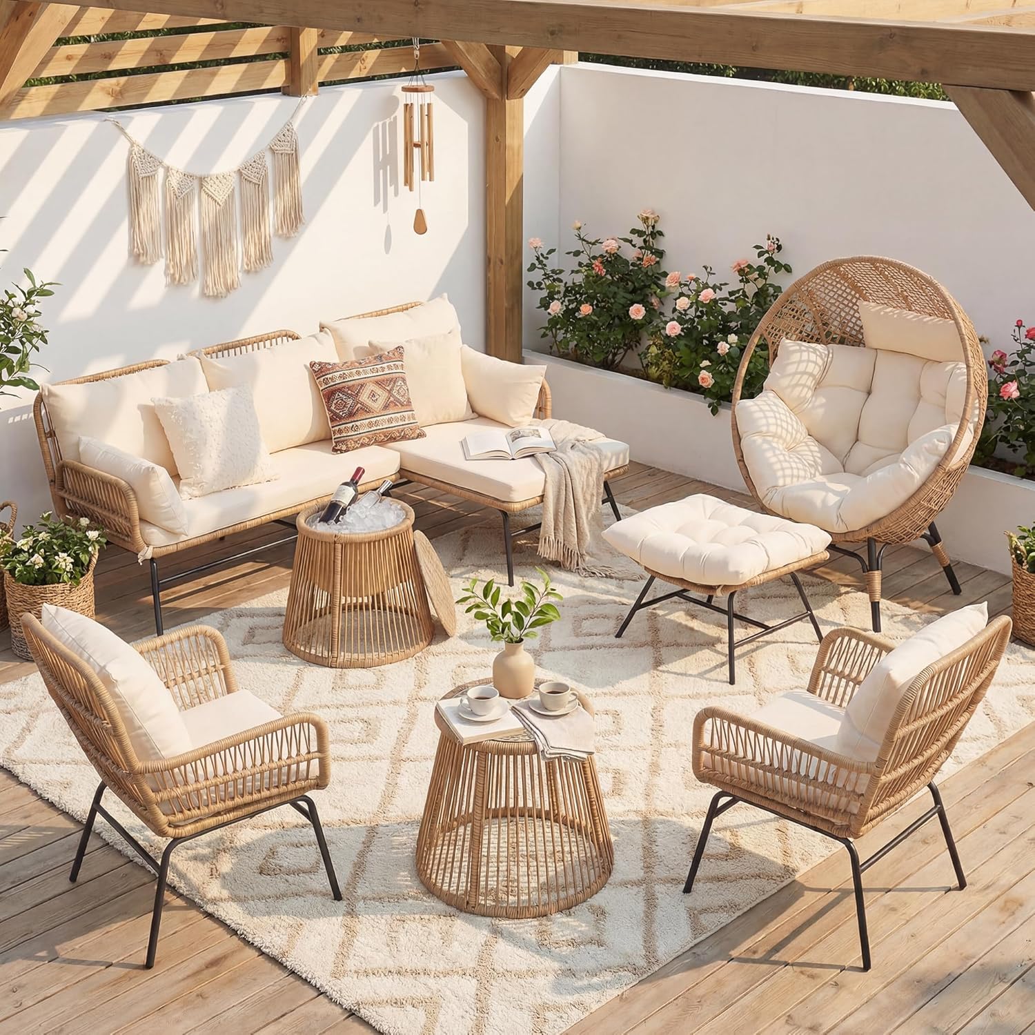 6 Pcs Boho Outdoor Patio Furniture Sets, L Shaped Natural Color Wicker Conversation Sectional Sofa w/Cozy Beige Cushion & Ice Bucket