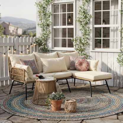6 Pcs Boho Outdoor Patio Furniture Sets, L Shaped Natural Color Wicker Conversation Sectional Sofa w/Cozy Beige Cushion & Ice Bucket