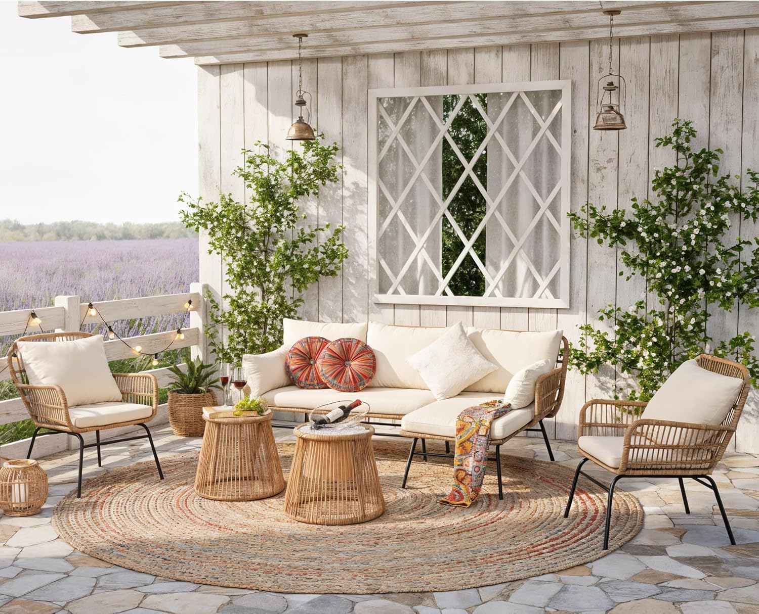 6 Pcs Boho Outdoor Patio Furniture Sets, L Shaped Natural Color Wicker Conversation Sectional Sofa w/Cozy Beige Cushion & Ice Bucket