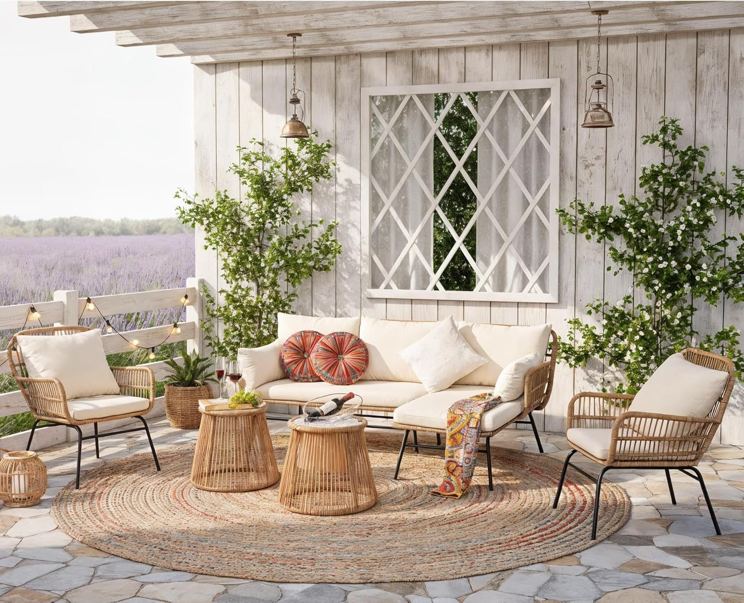 6 Pcs Boho Outdoor Patio Furniture Sets, L Shaped Natural Color Wicker Conversation Sectional Sofa w/Cozy Beige Cushion & Ice Bucket