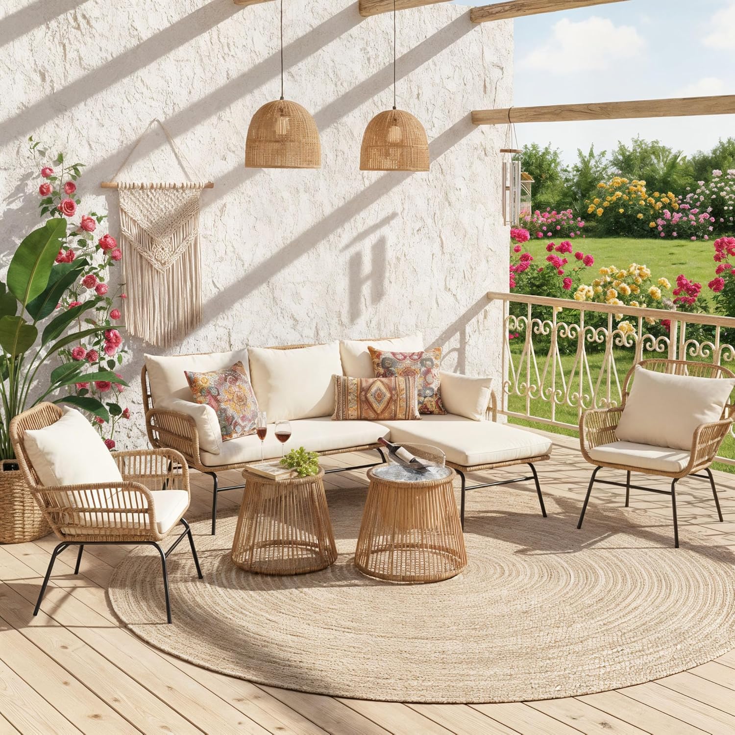 6 Pcs Boho Outdoor Patio Furniture Sets, L Shaped Natural Color Wicker Conversation Sectional Sofa w/Cozy Beige Cushion & Ice Bucket