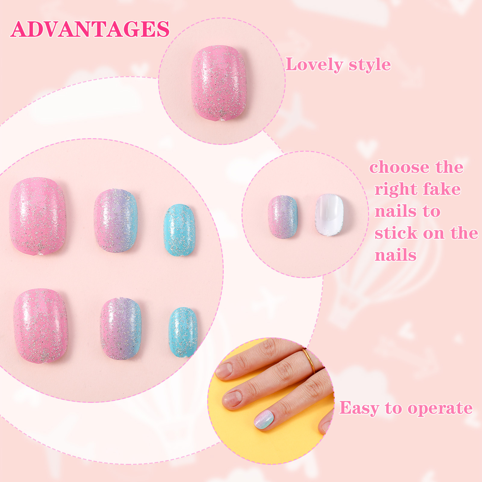 Topekada 120 Pcs Kids Fake Nails Press-on Nails,Pre-glue Full Cover, Glitter Gradient Color Rainbow Short False Nail Art Kits Set for Girls(Multicolor)