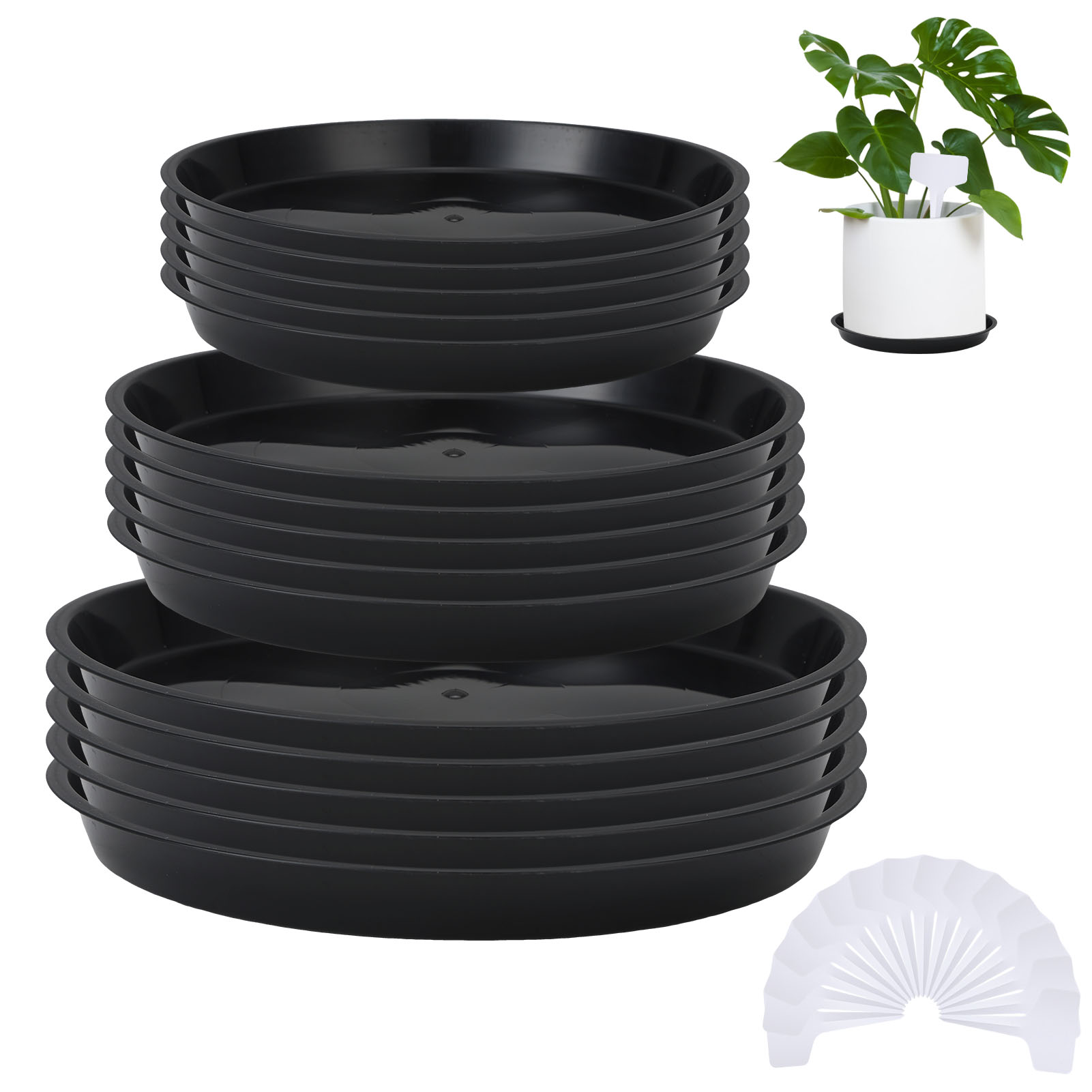 topjuju 15 Pcs Large Plant Saucers, 10/12/14 inches Plastic Plant Trays to Catch Water, Extra Large Plant Saucer with Labels, Heavy Duty Plant Drip Trays for Plant Pots Indoors Outdoors