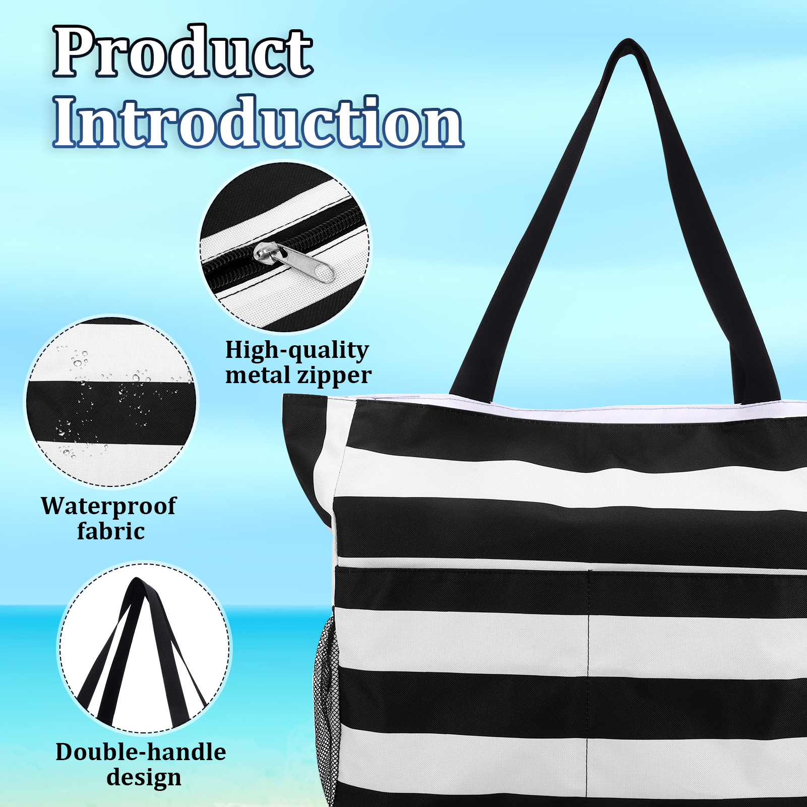 Bocaoying Women's Beach Bag, Waterproof Sandproof Beach Tote Bag, Large Beach Bag Featuring Back Zipper with 2 Mesh Side Pockets for Women's Essentials