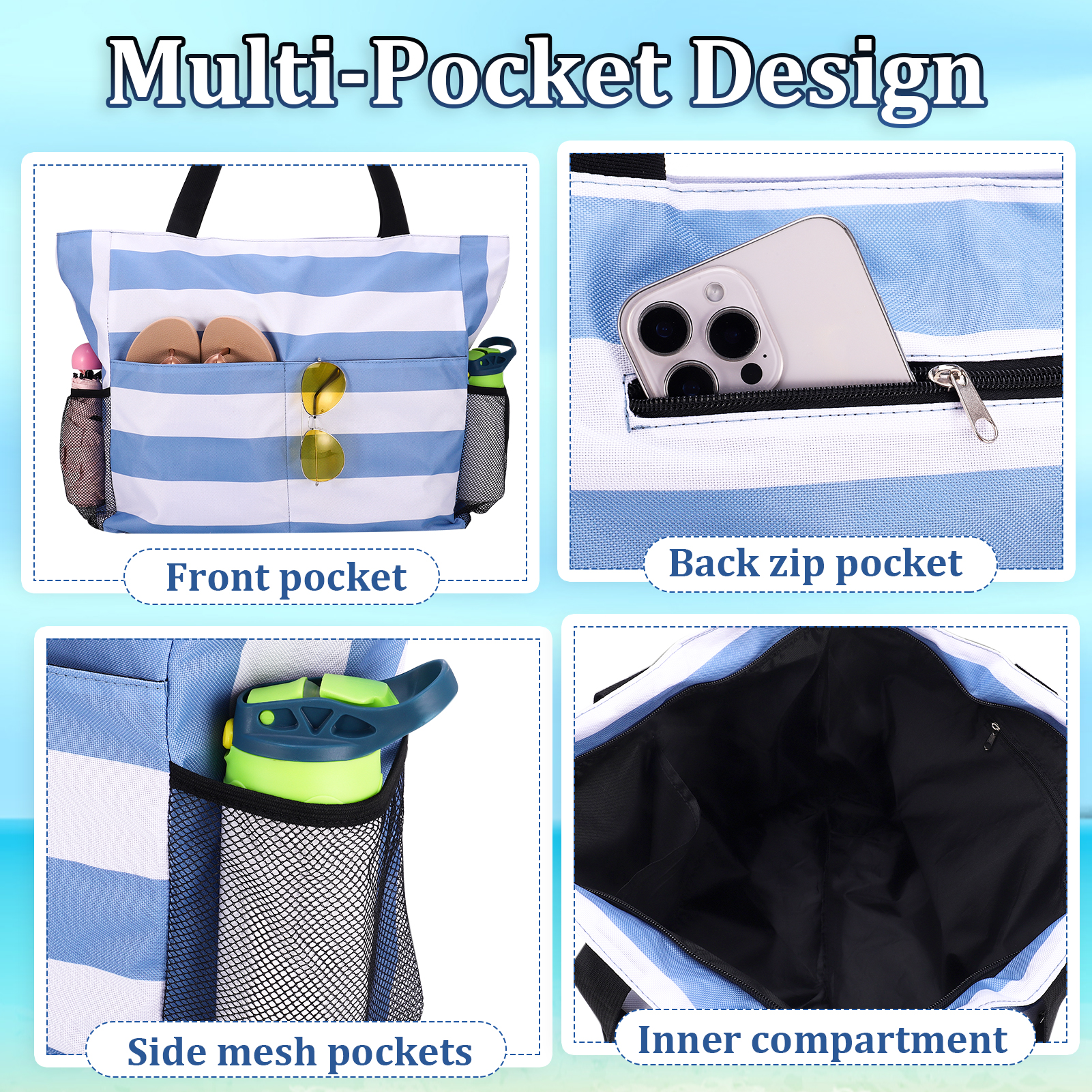 Bocaoying Women's Striped Beach Bag with Water-Resistant Design, Foldable Beach Tote with 2 Mesh Side Pockets, Large Beach Bag Featuring Back Zipper, Cute Woven Travel Bag for Women's Essentials