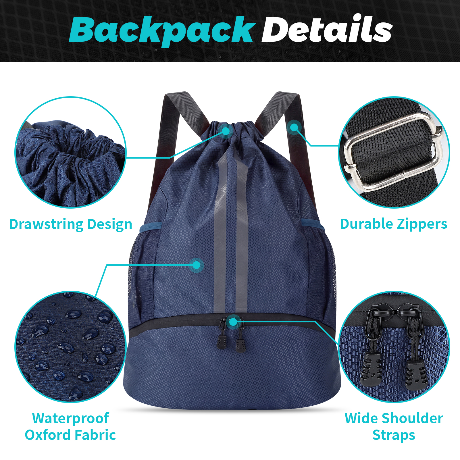Bocaoying Sports Drawstring Backpack, Waterproof Gym Backpack, Swim Bag with Shoes Compartment, Pull String Sport Bag for Soccer and Basketball