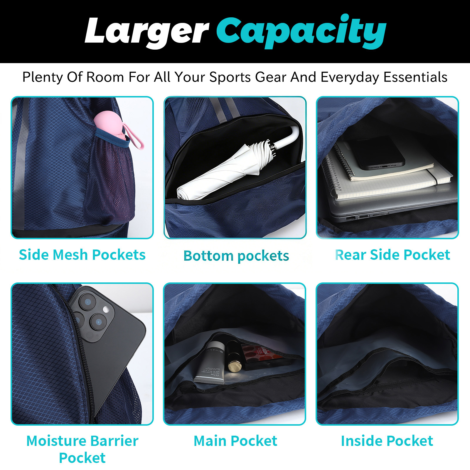 Bocaoying Sports Drawstring Backpack, Waterproof Gym Backpack, Swim Bag with Shoes Compartment, Pull String Sport Bag for Soccer and Basketball