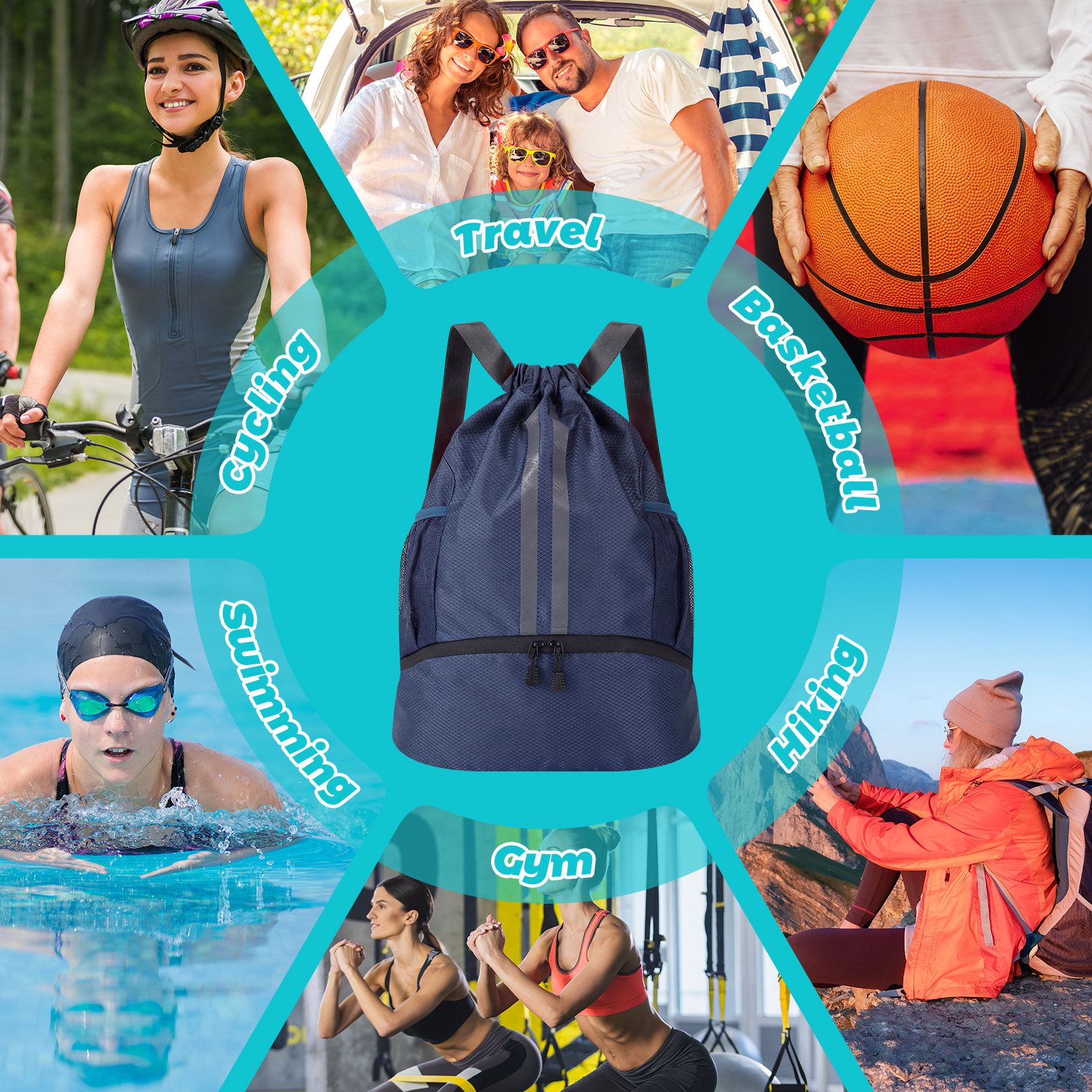 Bocaoying Sports Drawstring Backpack, Waterproof Gym Backpack, Swim Bag with Shoes Compartment, Pull String Sport Bag for Soccer and Basketball