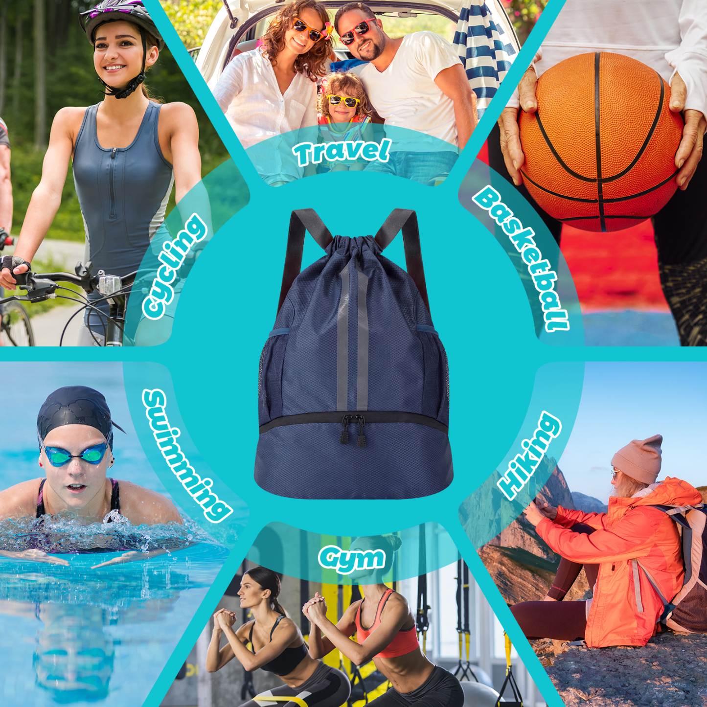 Bocaoying Sports Drawstring Backpack, Waterproof Gym Backpack, Swim Bag with Shoes Compartment, Pull String Sport Bag for Soccer and Basketball