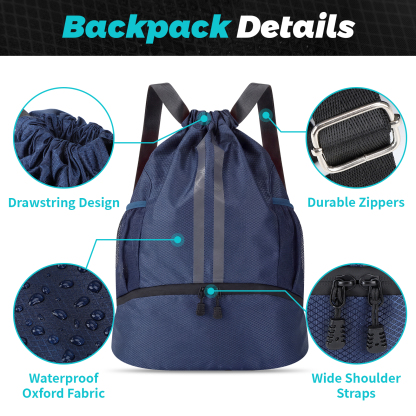 Bocaoying Sports Drawstring Backpack, Waterproof Gym Backpack, Swim Bag with Shoes Compartment, Pull String Sport Bag for Soccer and Basketball