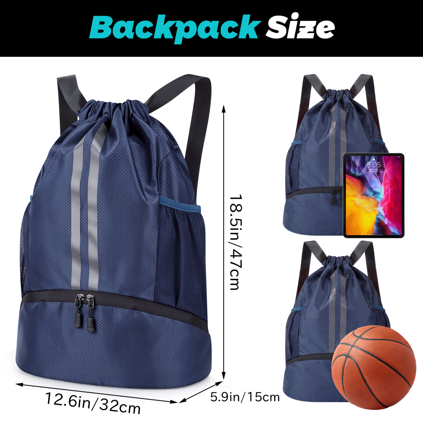 Bocaoying Sports Drawstring Backpack, Waterproof Gym Backpack, Swim Bag with Shoes Compartment, Pull String Sport Bag for Soccer and Basketball