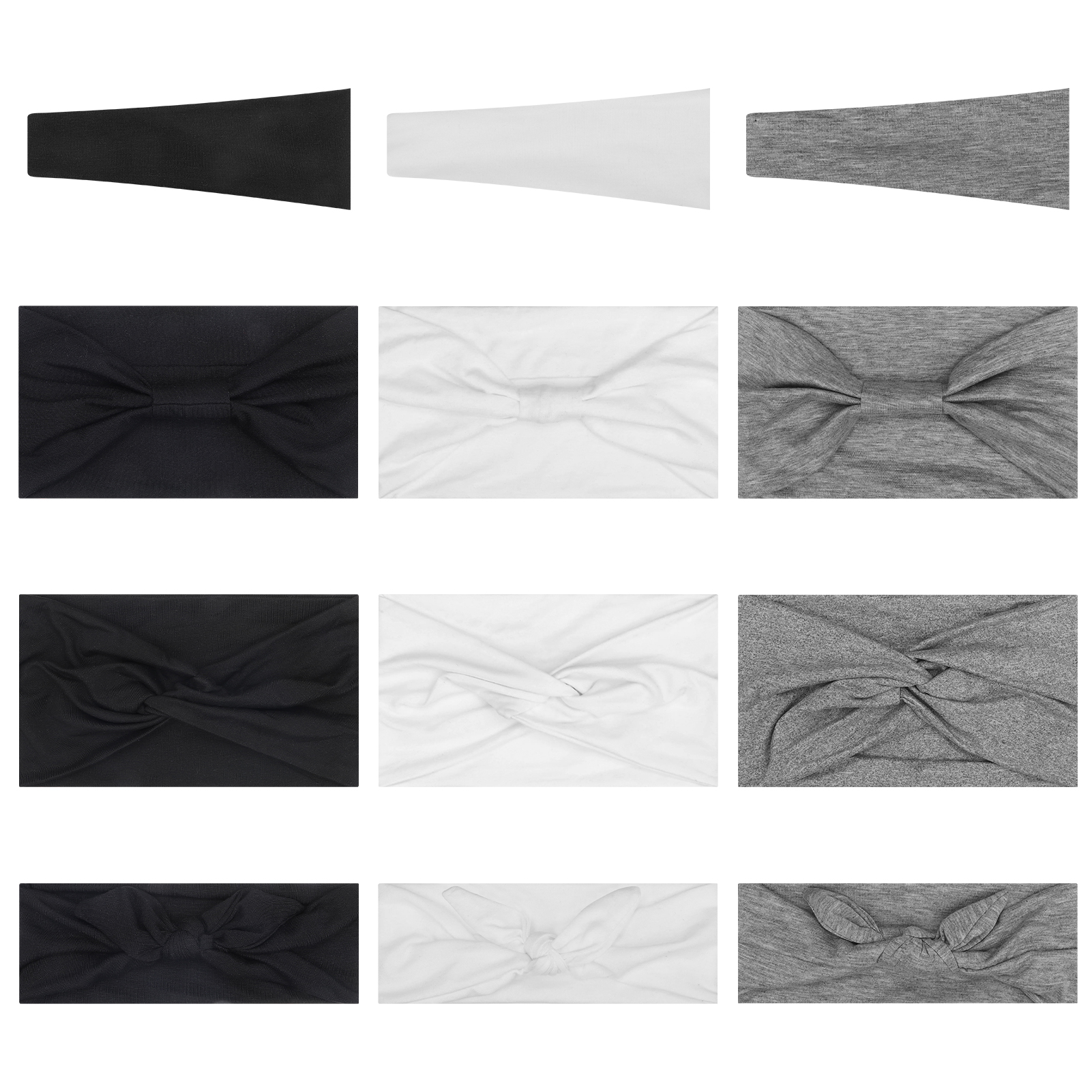 Bocaoying 12 Pack Headbands for Women, Non-Slip and Soft, Fabric Hair Bands for Yoga, White/Gray/Black