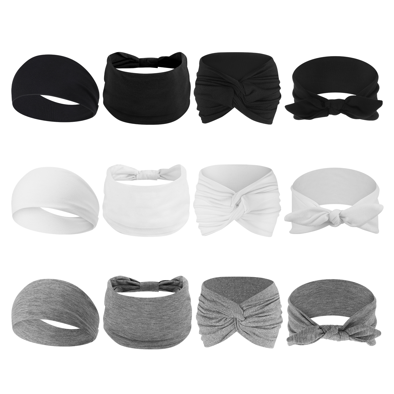 Bocaoying 12 Pack Headbands for Women, Non-Slip and Soft, Fabric Hair Bands for Yoga, White/Gray/Black