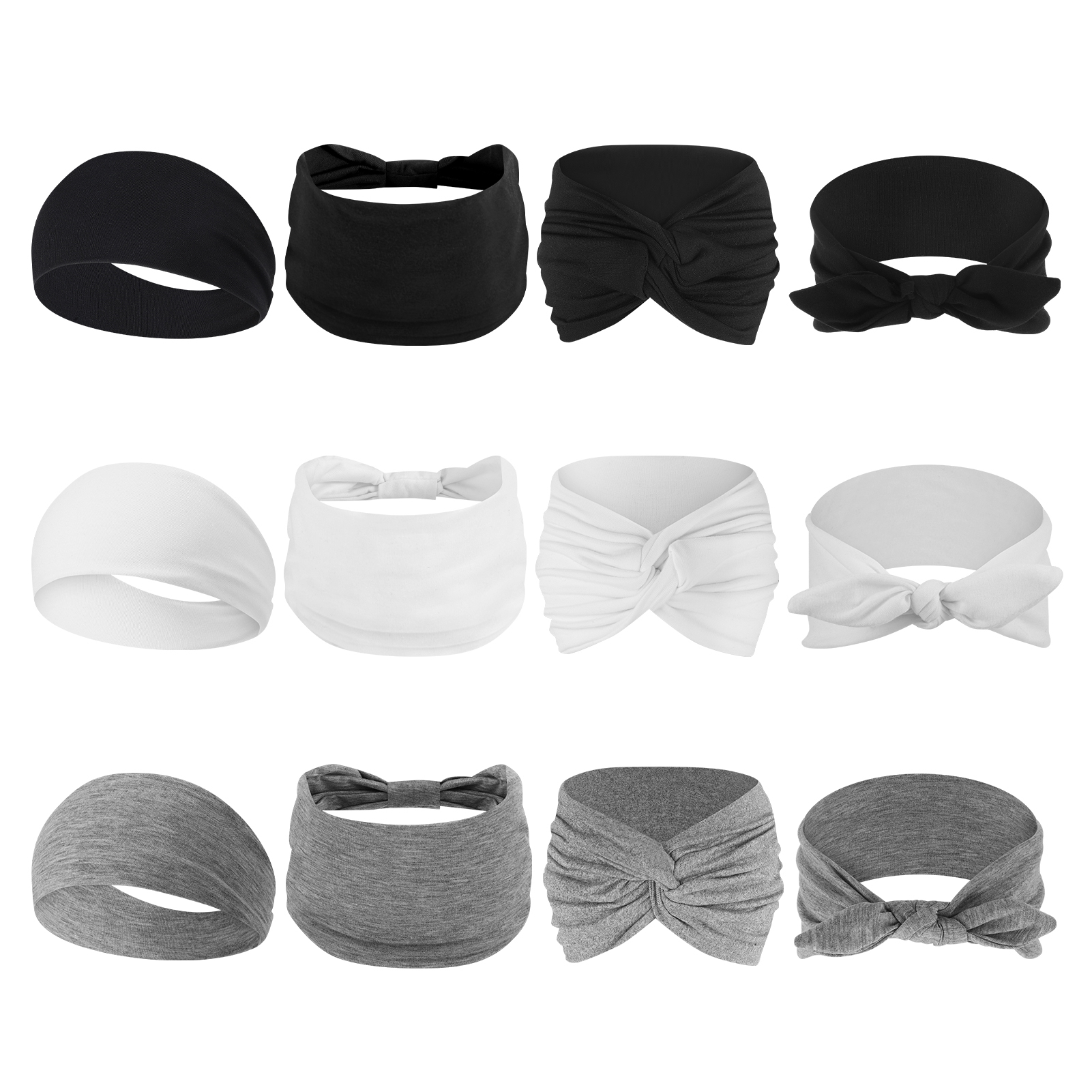 Bocaoying 12 Pack Headbands for Women, Non-Slip and Soft, Fabric Hair Bands for Yoga, White/Gray/Black