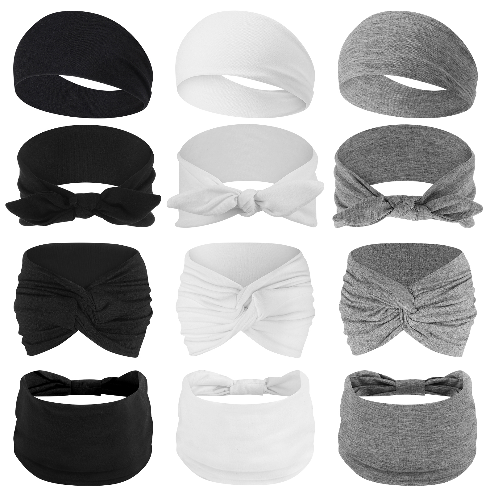 Bocaoying 12 Pack Headbands for Women, Non-Slip and Soft, Fabric Hair Bands for Yoga, White/Gray/Black