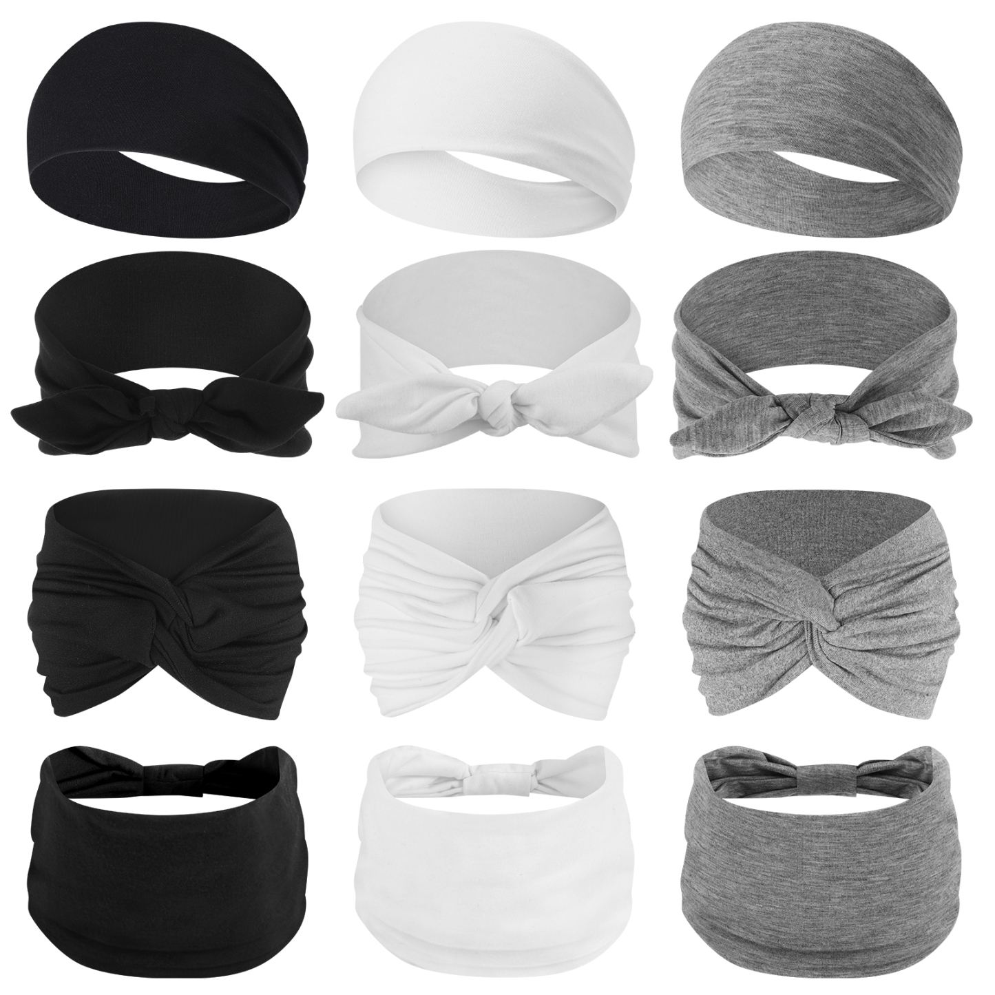 Bocaoying 12 Pack Headbands for Women, Non-Slip and Soft, Fabric Hair Bands for Yoga, White/Gray/Black