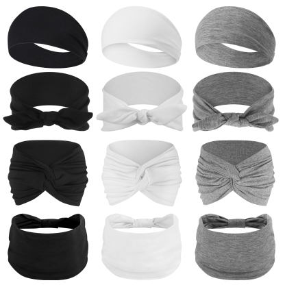 Bocaoying 12 Pack Headbands for Women, Non-Slip and Soft, Fabric Hair Bands for Yoga, White/Gray/Black