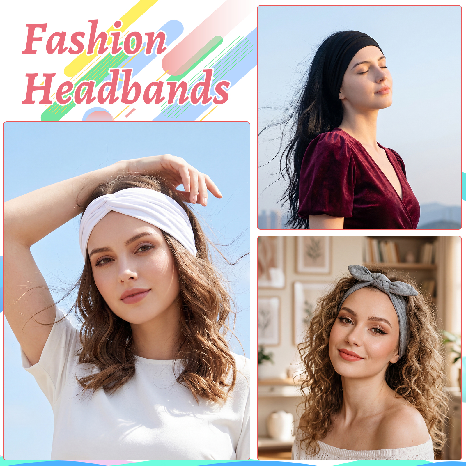 Bocaoying 12 Pack Headbands for Women, Non-Slip and Soft, Fabric Hair Bands for Yoga, White/Gray/Black