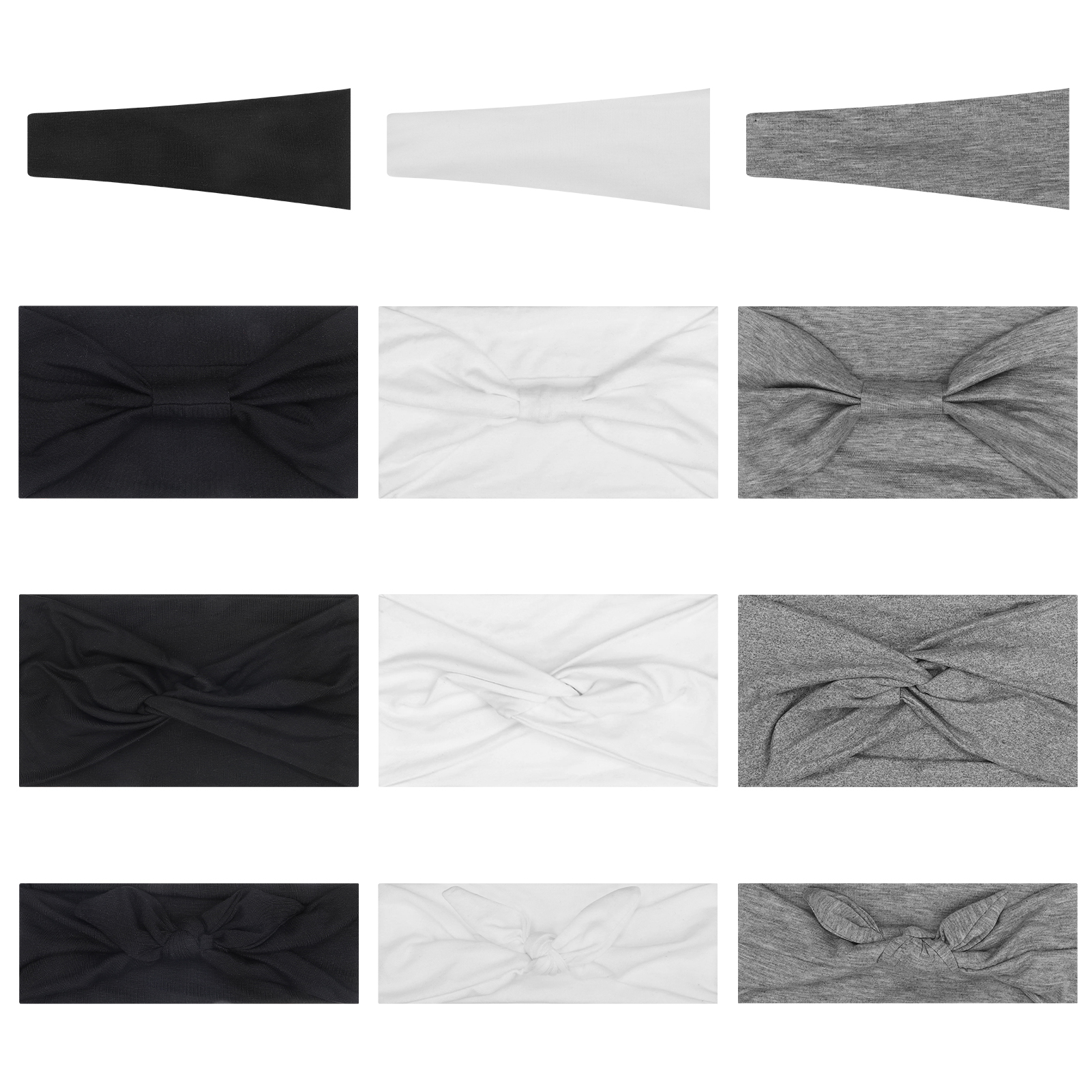 Bocaoying 12 Pack Headbands for Women, Non-Slip and Soft, Fabric Hair Bands for Yoga, White/Gray/Black
