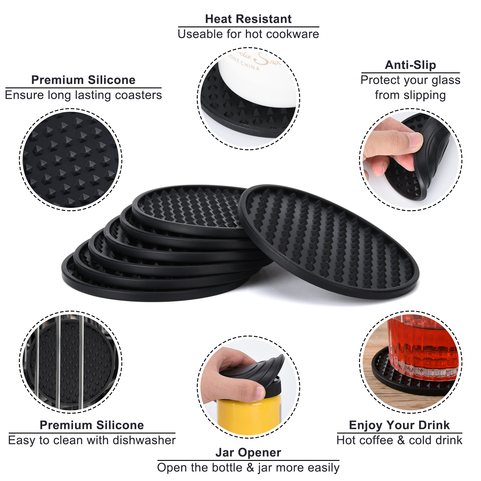 Hengguang 8 Pcs Coasters for Drinks with Holder, Silicone Coasters with Grooved Design Non-Slip Cup Mat for Coffee, Beer, Tabletop Protection Pad(Black)
