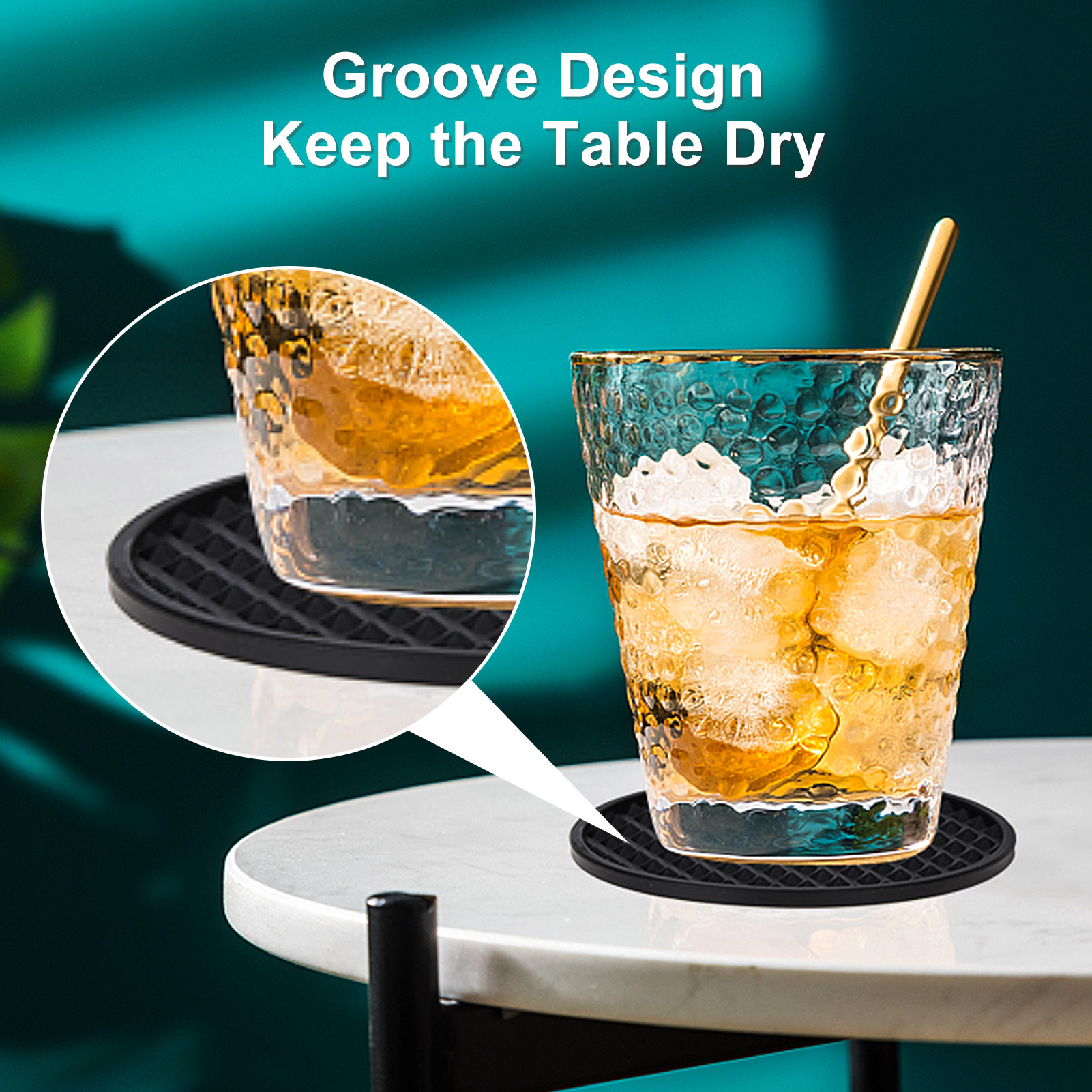 Hengguang 8 Pcs Coasters for Drinks with Holder, Silicone Coasters with Grooved Design Non-Slip Cup Mat for Coffee, Beer, Tabletop Protection Pad(Black)