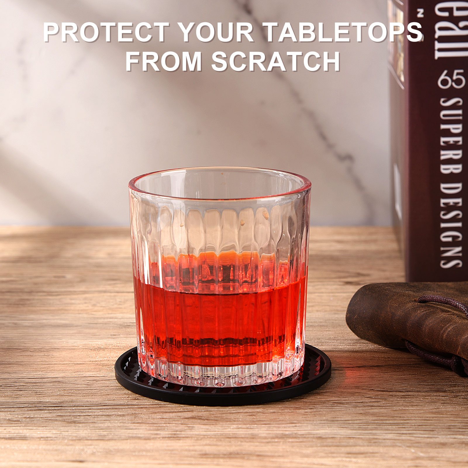 Hengguang 8 Pcs Coasters for Drinks with Holder, Silicone Coasters with Grooved Design Non-Slip Cup Mat for Coffee, Beer, Tabletop Protection Pad(Black)