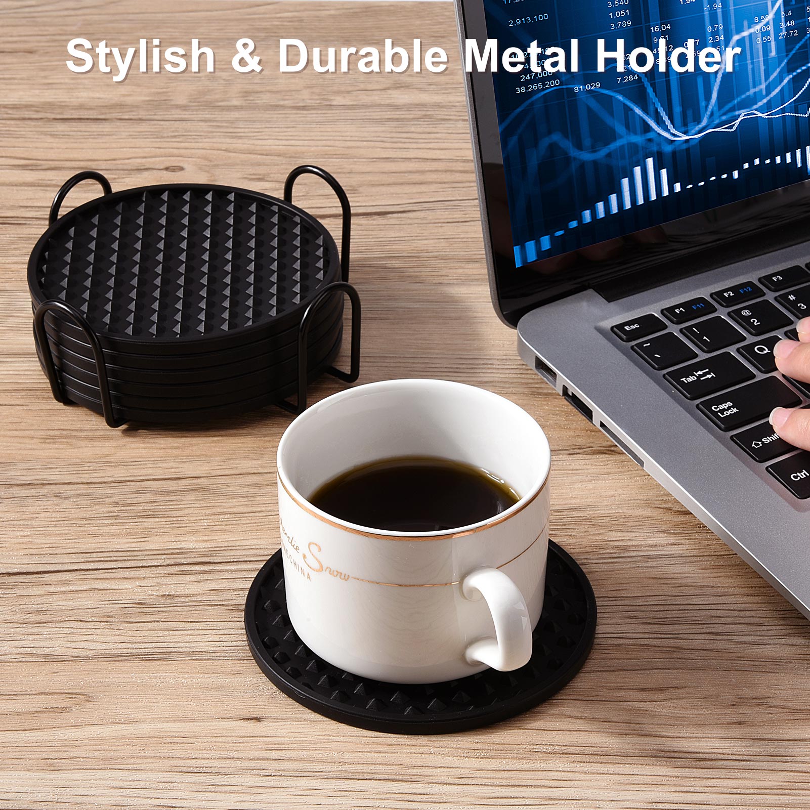 Hengguang 8 Pcs Coasters for Drinks with Holder, Silicone Coasters with Grooved Design Non-Slip Cup Mat for Coffee, Beer, Tabletop Protection Pad(Black)