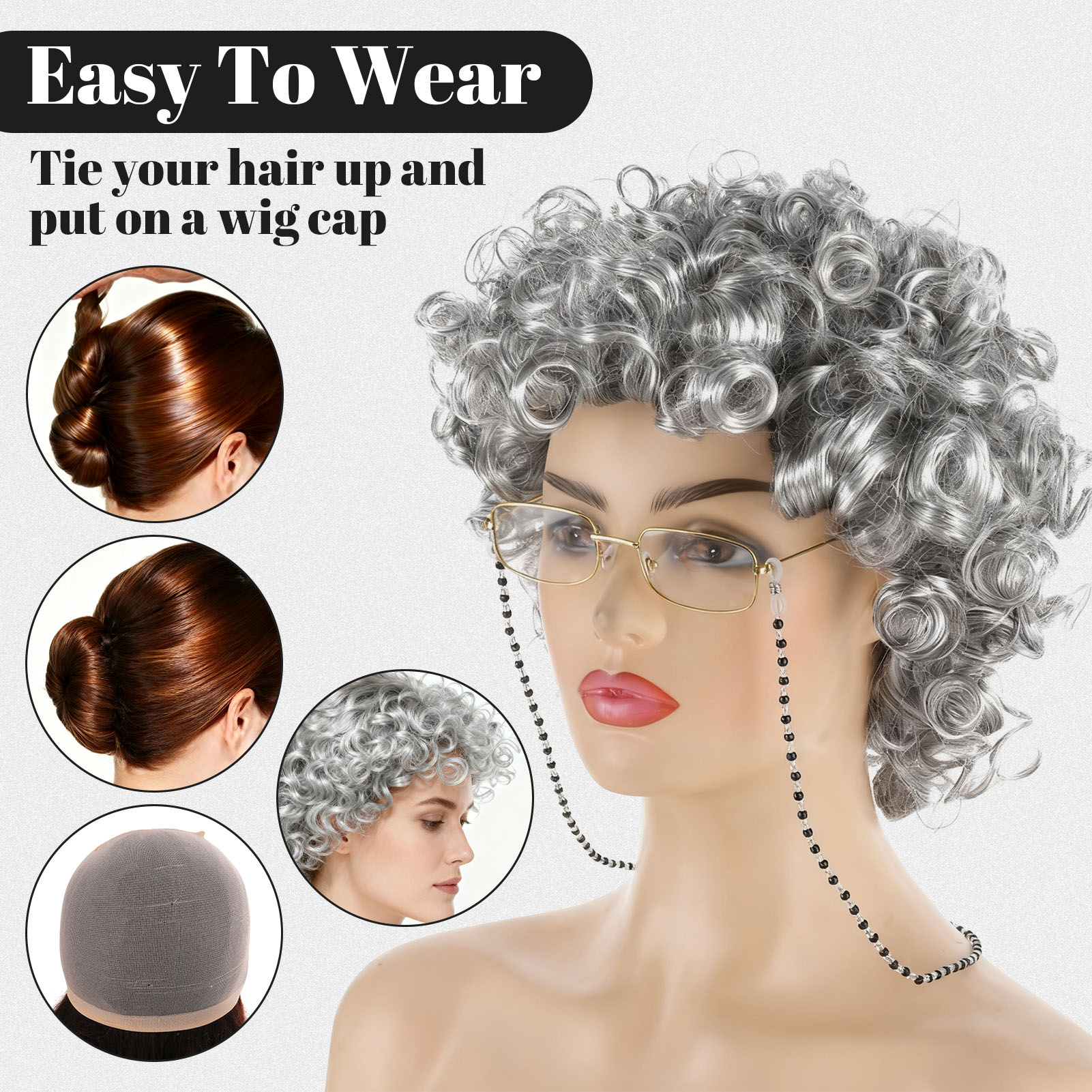 sixwipe 7 Pcs Old Lady Grandma Costume, Complete 100 Days of School Outfit with Square Scarf, Wig, Glasses, Earrings and Necklace for School Dress Up Party