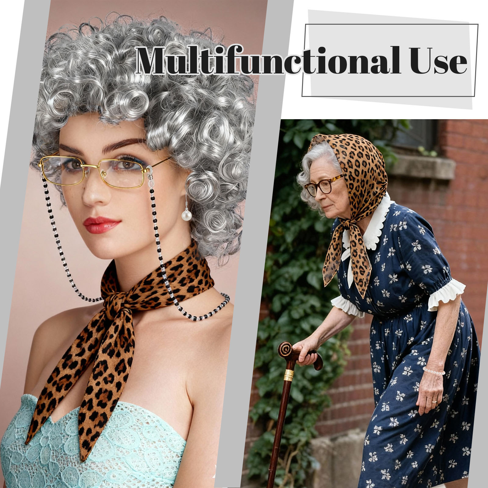 sixwipe 7 Pcs Old Lady Grandma Costume, Complete 100 Days of School Outfit with Square Scarf, Wig, Glasses, Earrings and Necklace for School Dress Up Party