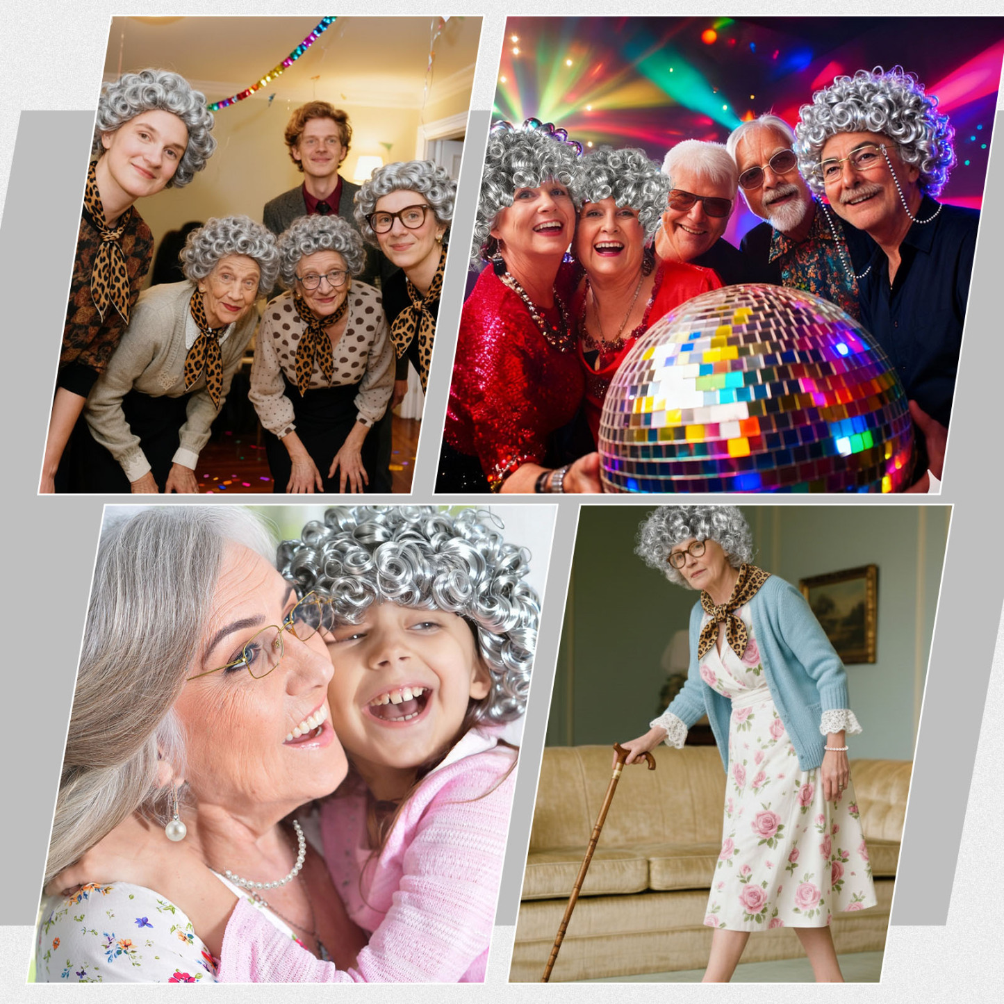sixwipe 7 Pcs Old Lady Grandma Costume, Complete 100 Days of School Outfit with Square Scarf, Wig, Glasses, Earrings and Necklace for School Dress Up Party