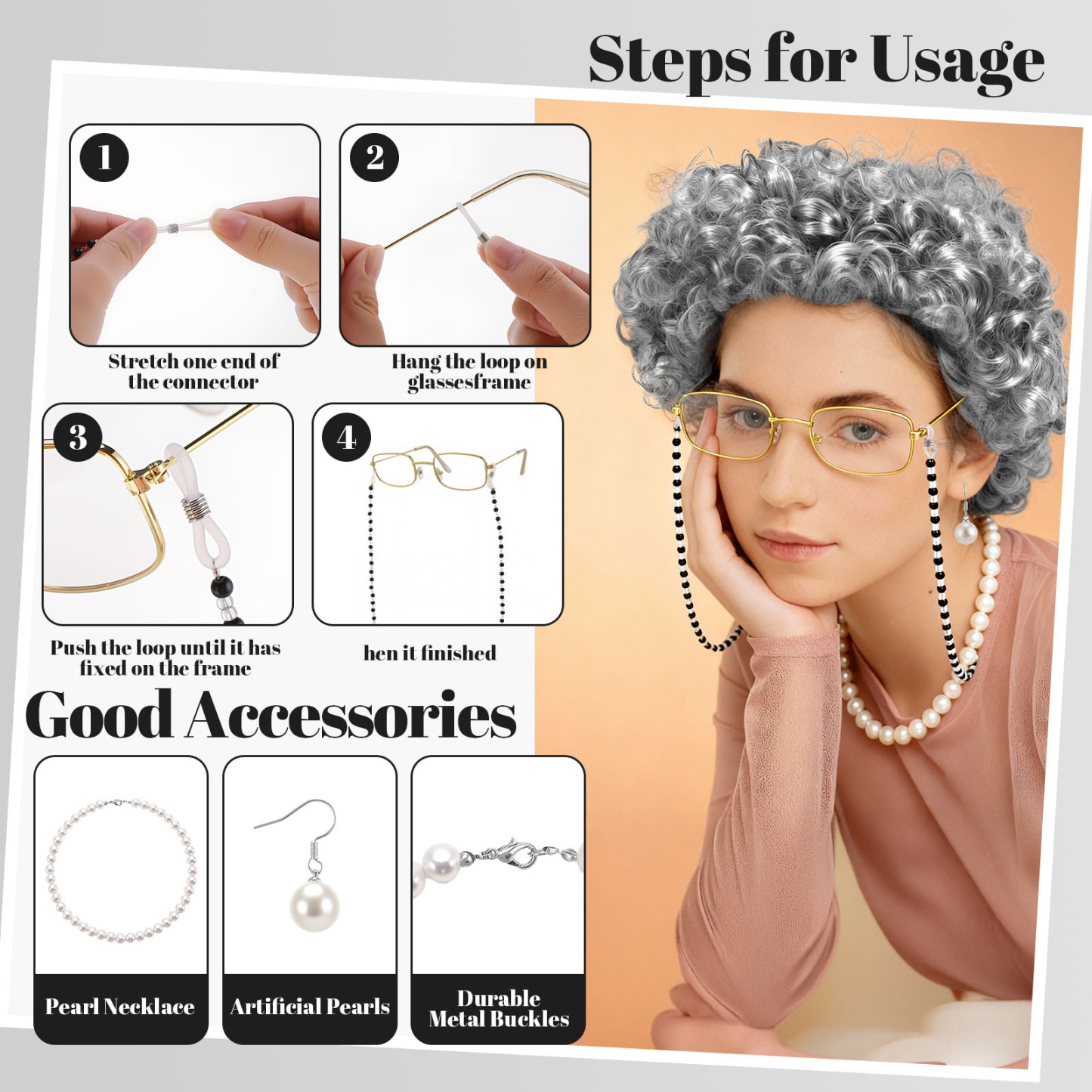 sixwipe 7 Pcs Old Lady Grandma Costume, Complete 100 Days of School Outfit with Square Scarf, Wig, Glasses, Earrings and Necklace for School Dress Up Party