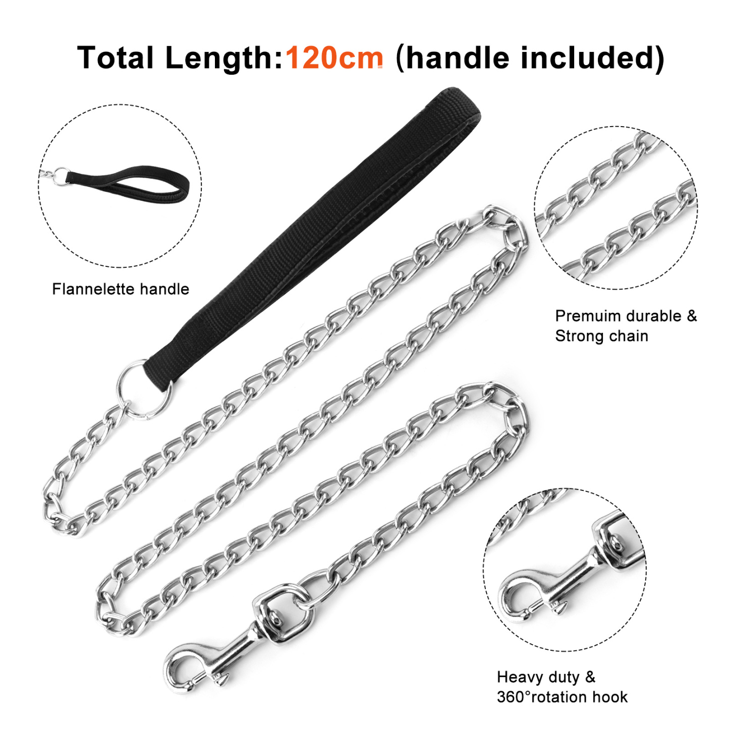 HEQUSIGNS Metal Dog Chain Leash, 49.6inch Heavy Duty Chew Proof Pet Leash Chain with Padded Handle for Small Medium Size Dogs (3.0mm x 4.1ft)