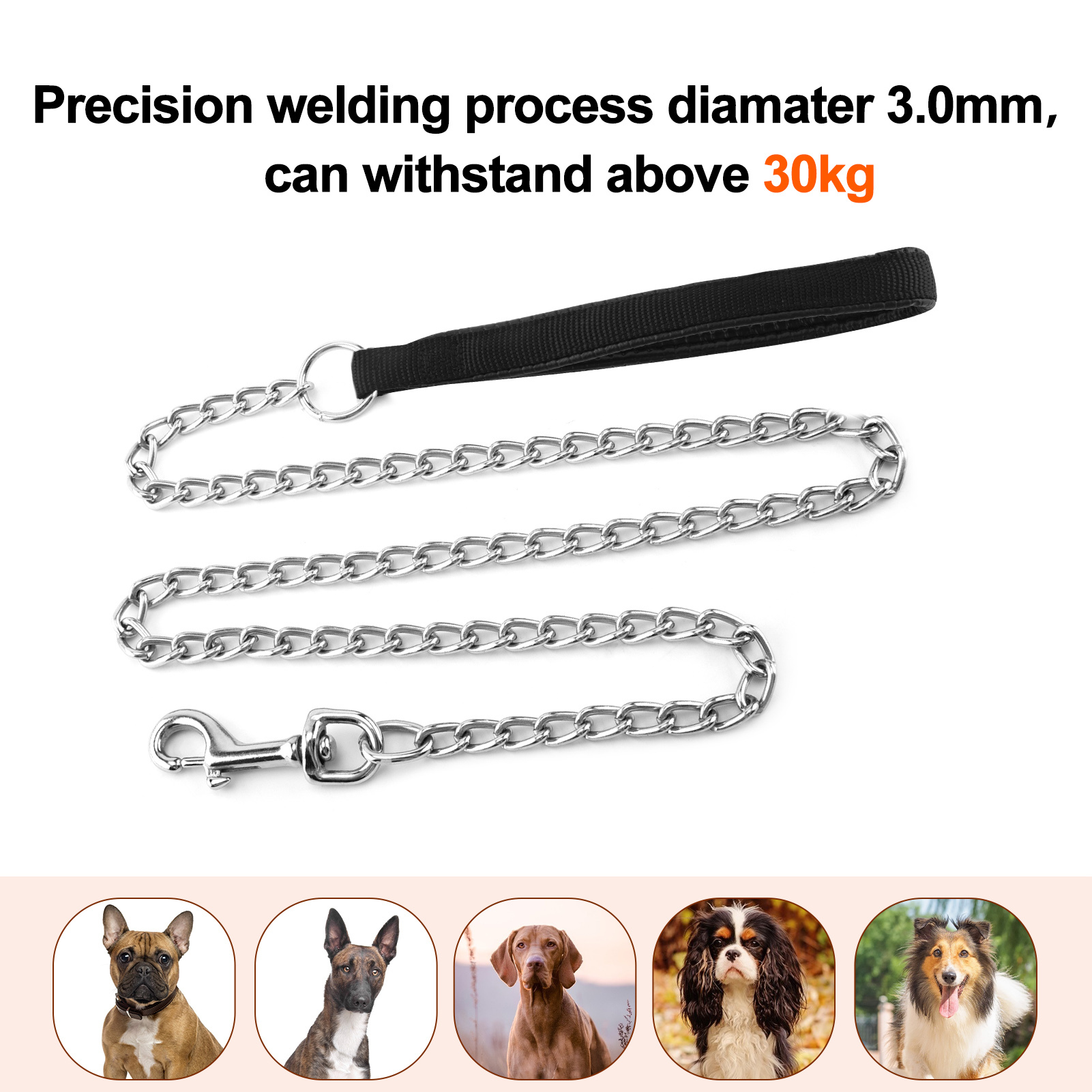 HEQUSIGNS Metal Dog Chain Leash, 49.6inch Heavy Duty Chew Proof Pet Leash Chain with Padded Handle for Small Medium Size Dogs (3.0mm x 4.1ft)