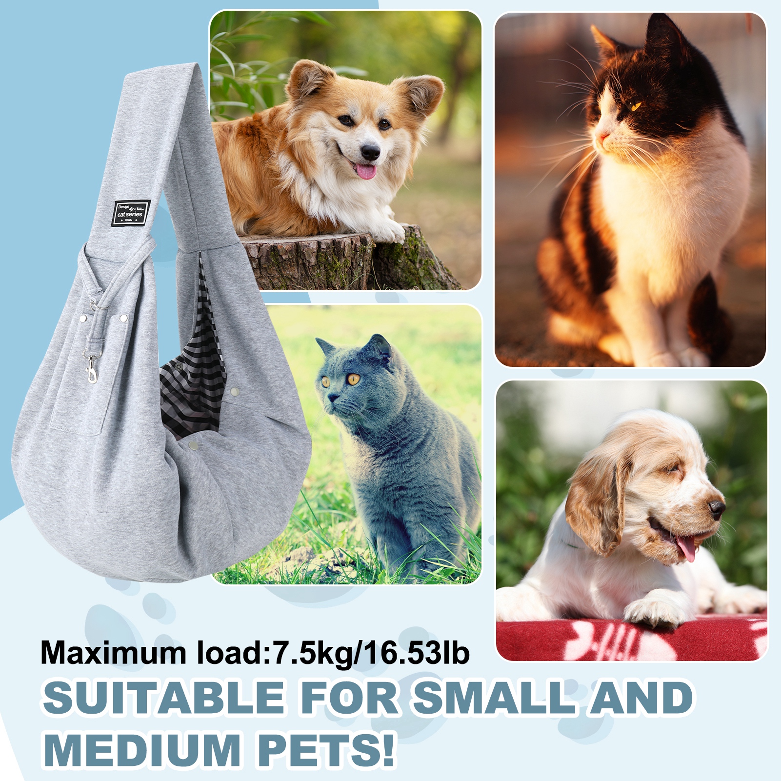 shuaien Dog Carrier Sling,Hand-Free Widened Shoulder Straps Puppy Carrier,Puppy Sling Carrier with Storage Pocket Maximum Load 16 Lbs for Small Dogs Cats Travel Outdoors(Gray)