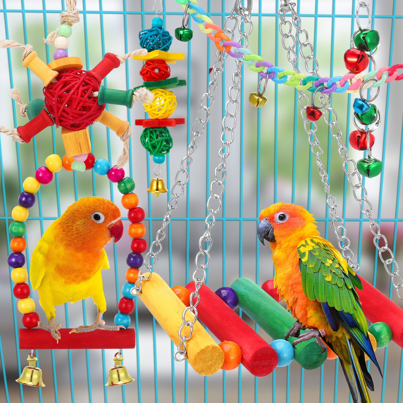 shuaien 8 PCS Bird Toys for Parakeets, Wood Parrots Toys, Budgie Toys for Bird Cage Accessories, Bird Perch Swings for Small Birds Toys, Bird Ladder Swing for Parakeets Climbing