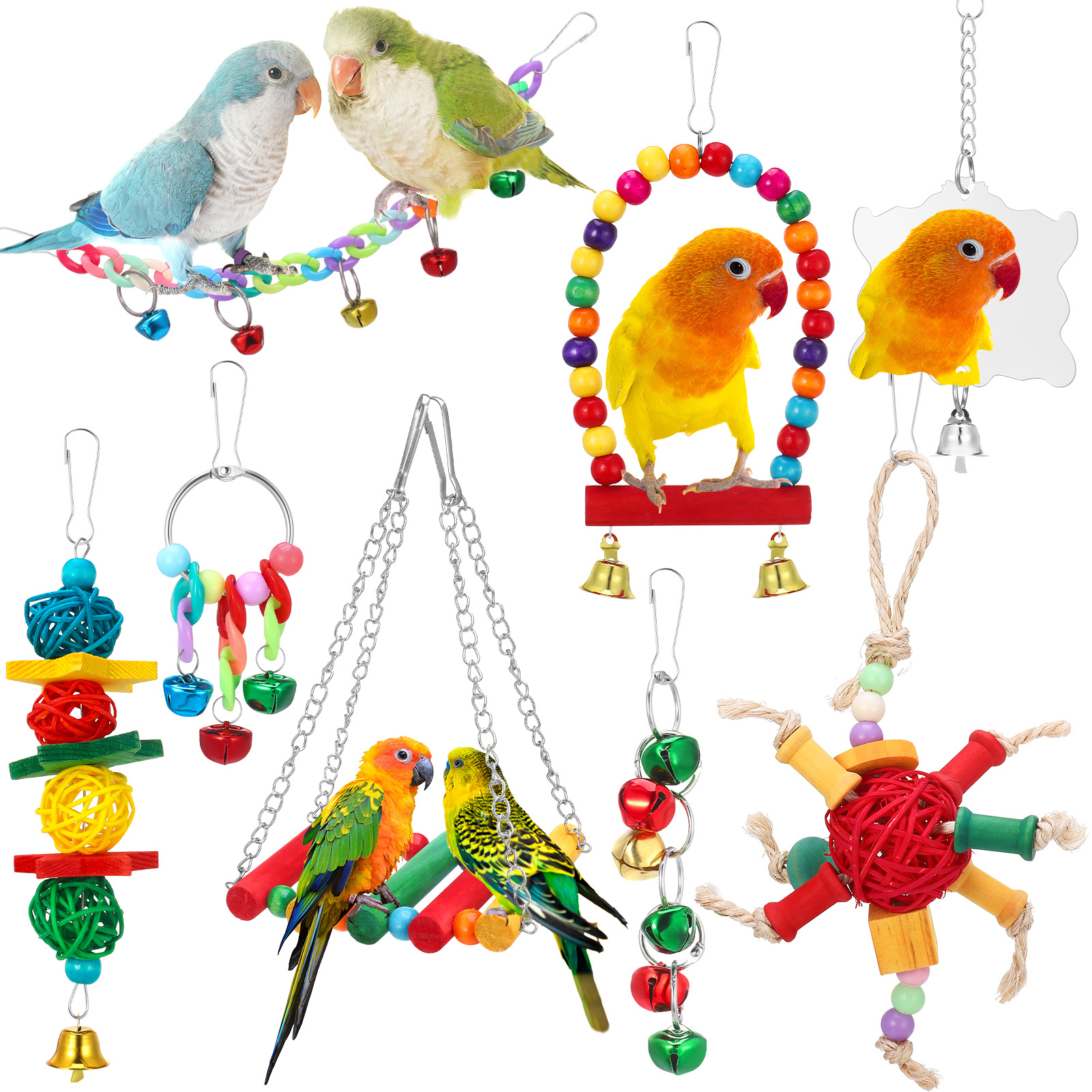 shuaien 8 PCS Bird Toys for Parakeets, Wood Parrots Toys, Budgie Toys for Bird Cage Accessories, Bird Perch Swings for Small Birds Toys, Bird Ladder Swing for Parakeets Climbing