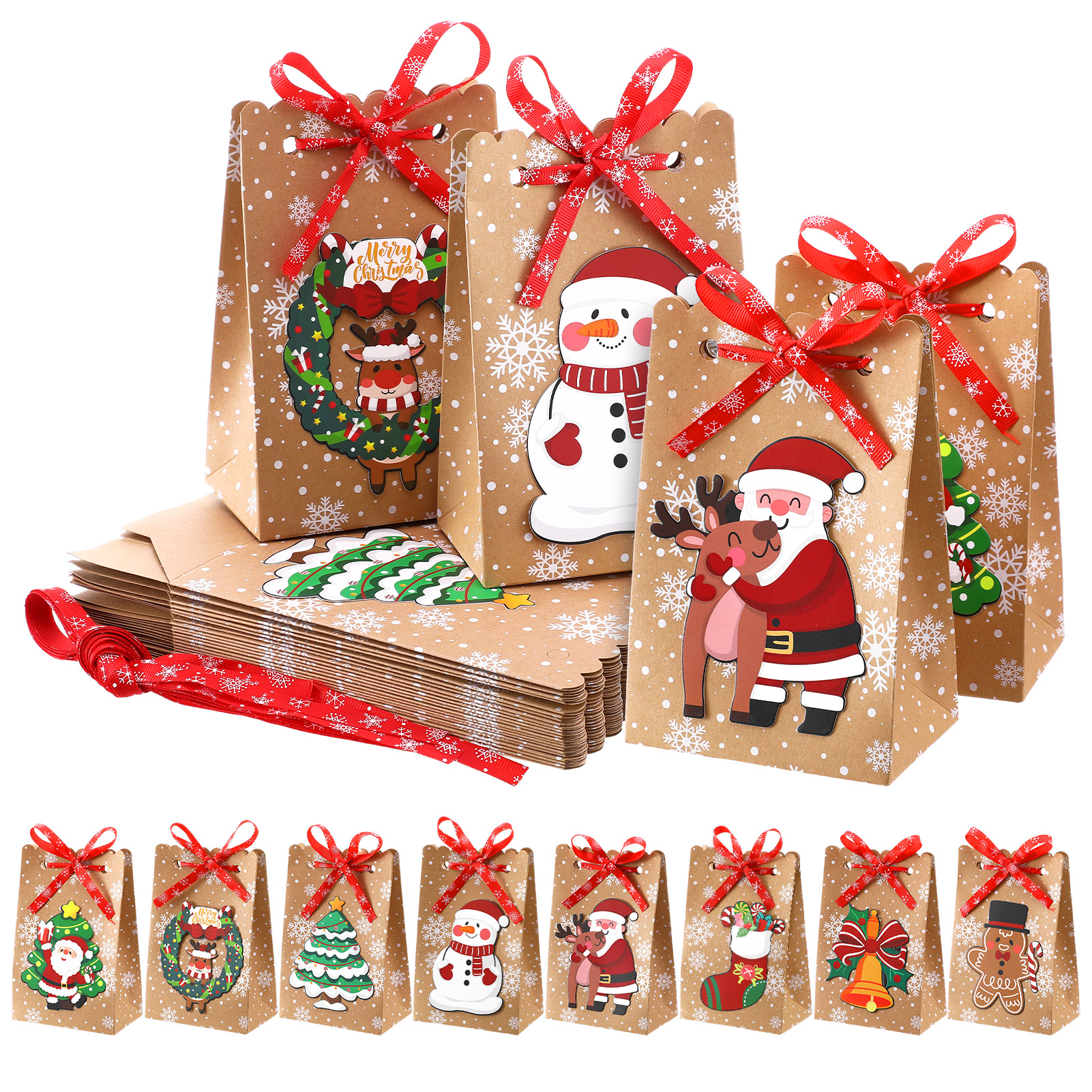sixwipe 24 Pack Christmas Craft Paper Treat Bags, 8 Assorted Christmas Designs Party Bags with 24 Pieces Red Bows, Small Xmas Gift Bags for Holiday Party Decorations