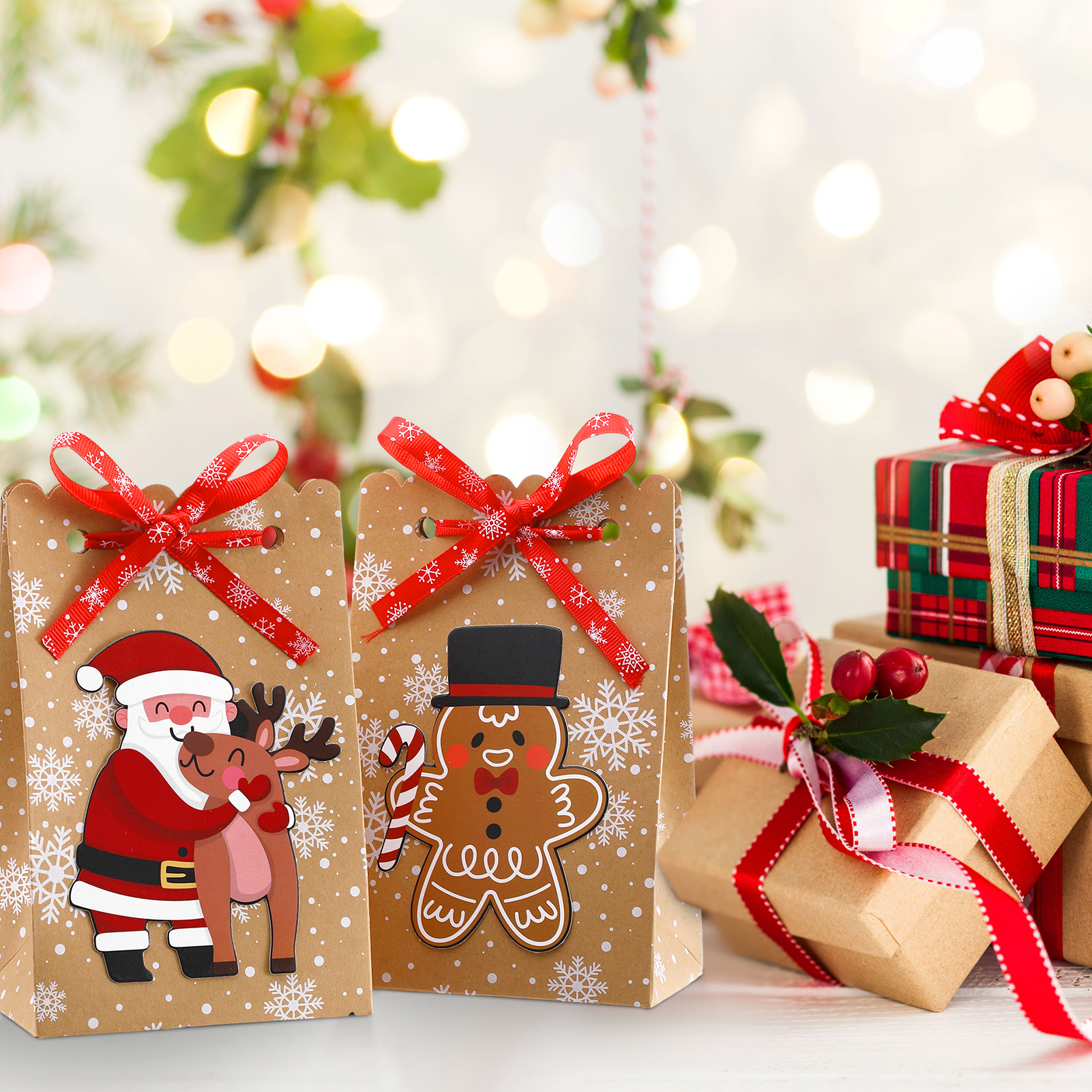 sixwipe 24 Pack Christmas Craft Paper Treat Bags, 8 Assorted Christmas Designs Party Bags with 24 Pieces Red Bows, Small Xmas Gift Bags for Holiday Party Decorations