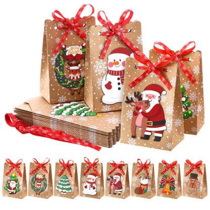 sixwipe 24 Pack Christmas Craft Paper Treat Bags, 8 Assorted Christmas Designs Party Bags with 24 Pieces Red Bows, Small Xmas Gift Bags for Holiday Party Decorations