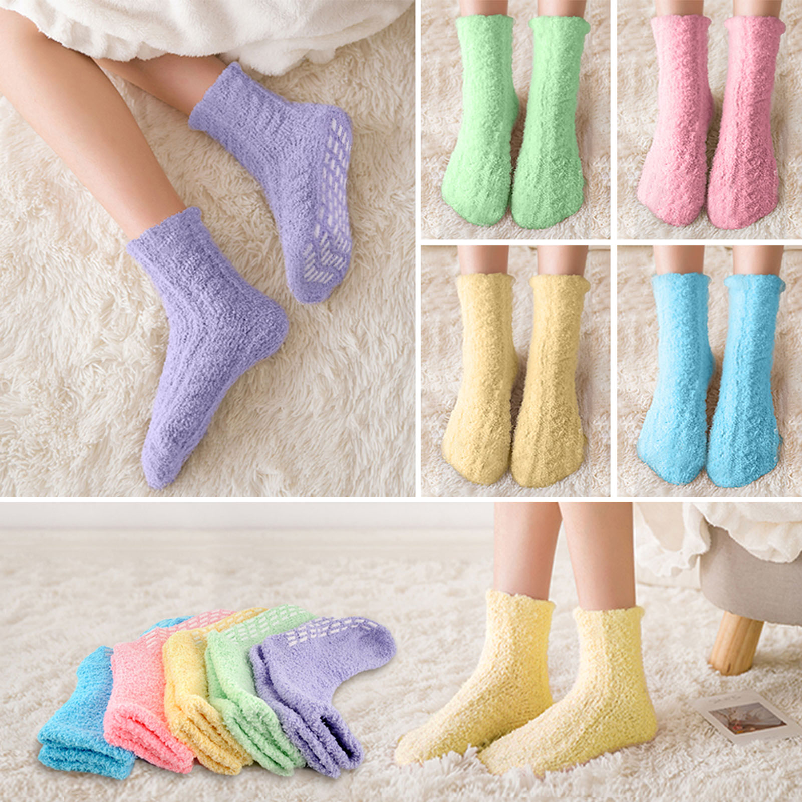 Springcorner 5 Pairs Fuzzy Socks for Women, Non Slip Fluffy Soft Warm Cozy Crew Socks with Grips for Winter, Soft Thermal Fuzzy Socks for Home Sleeping