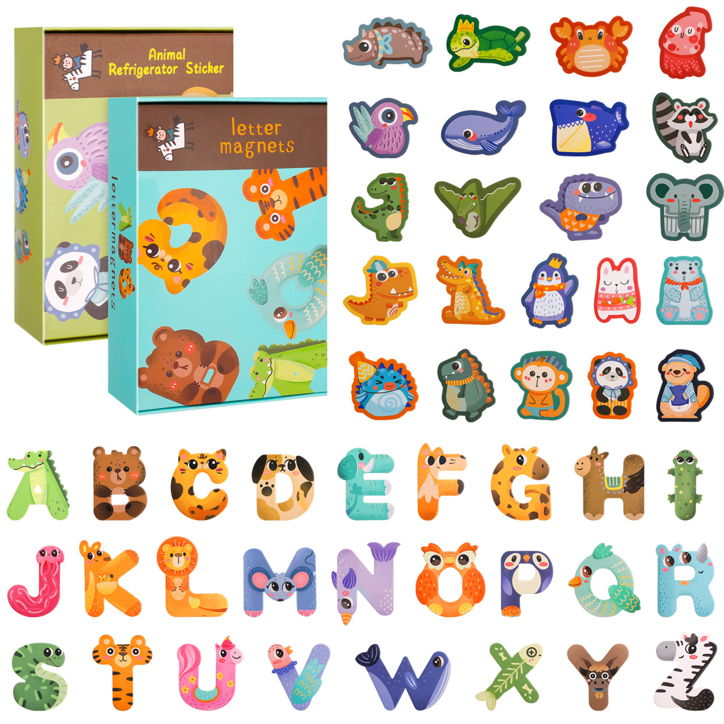 sixwipe 48 Pcs Magnets Animals and Letters, Cartoon Animal Fridge Magnets for Magnetic Whiteboards, Photos, Maps, Office Stickers, Refrigerator Educational Learning Toys for Kids