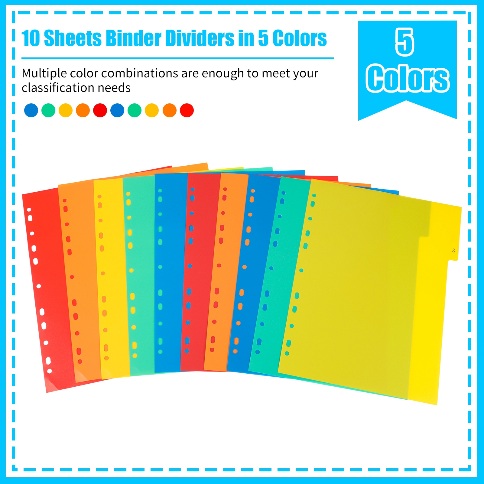 sixwipe 5 Sets 10 Tabs Binder Dividers for 3 Ring Binders, File Notebook Dividers with 11 Pre-punched Holes, Plastic 10 Tab Dividers for School Supplies and Office Workers