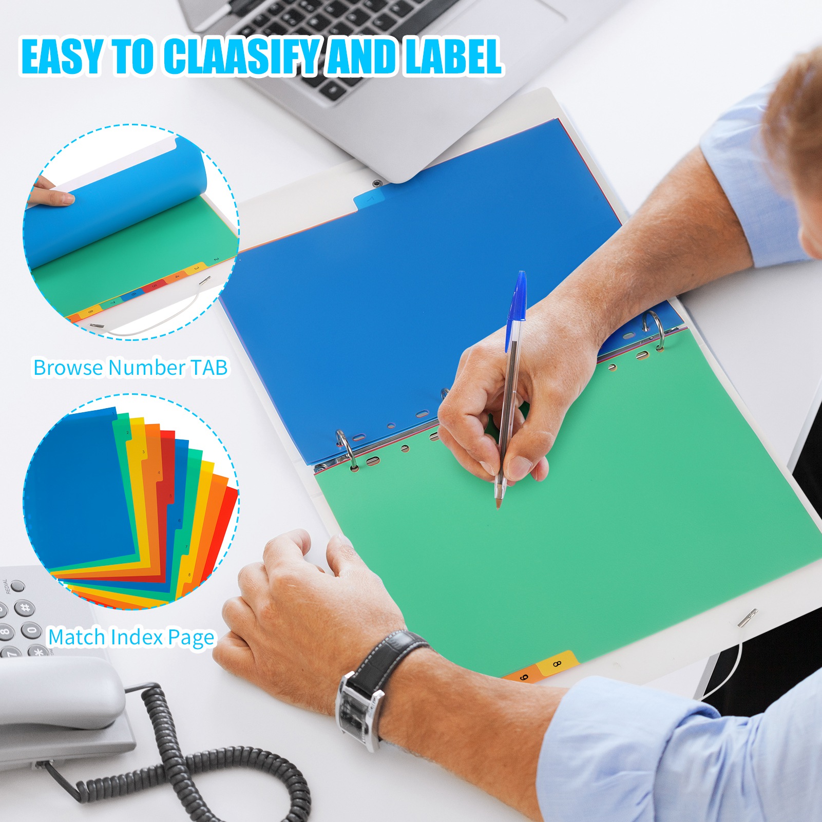 sixwipe 5 Sets 10 Tabs Binder Dividers for 3 Ring Binders, File Notebook Dividers with 11 Pre-punched Holes, Plastic 10 Tab Dividers for School Supplies and Office Workers