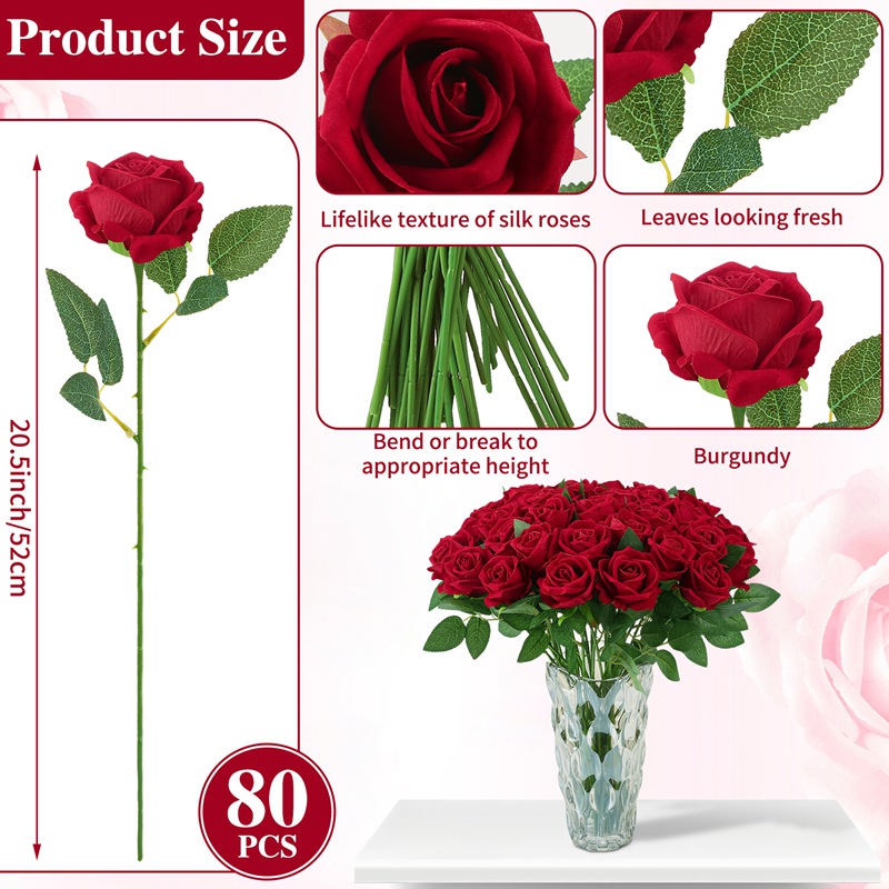 Armscye 80 Artificial Silk Roses Bulk - Realistic Velvet Burgundy/Red Roses for Wedding Centerpieces, Home Decor, Flower Arrangements (Red)