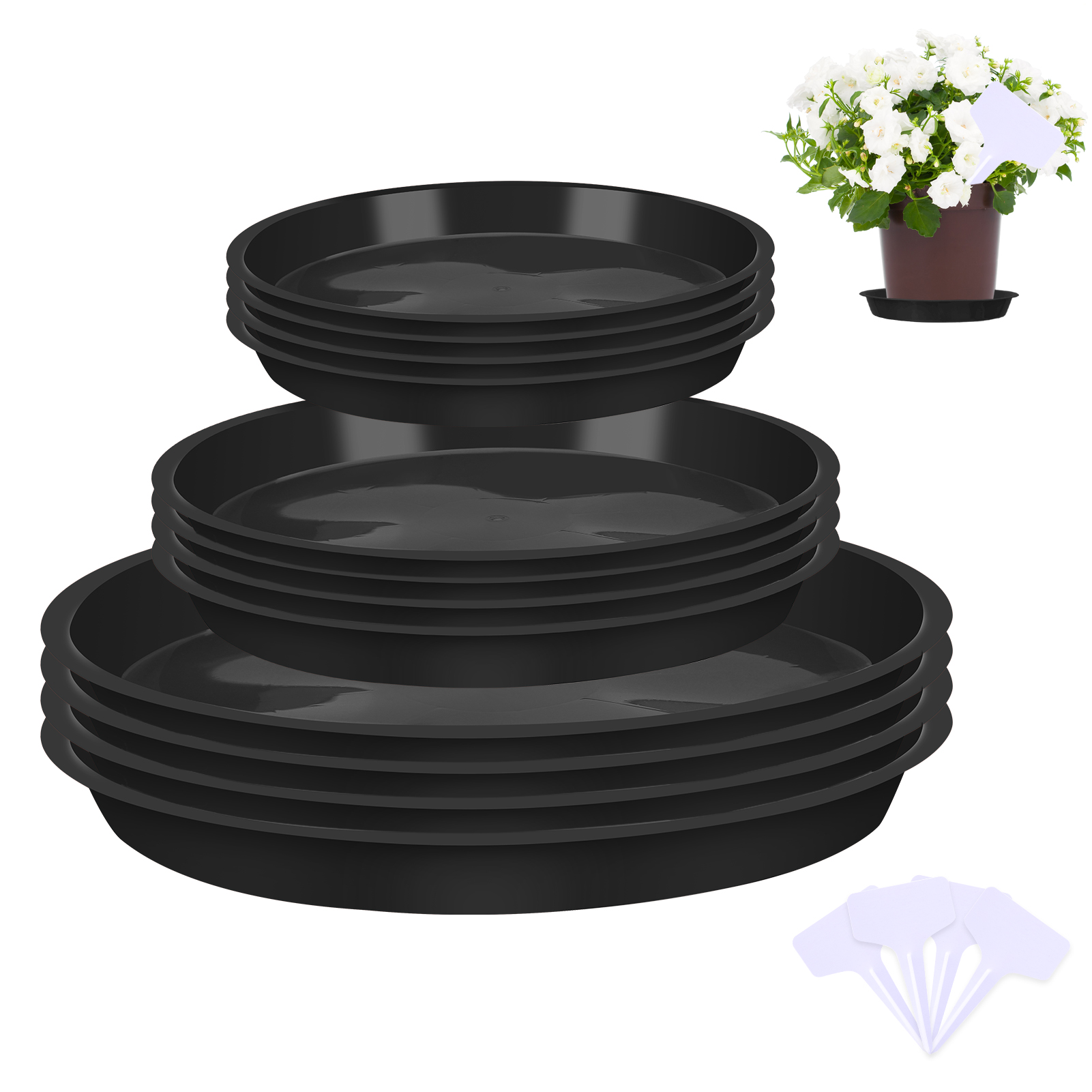 Bocaoying 12 Pcs Plastic Plant Saucer Tray, 5.5 / 6.3 / 9.5 Inch Flower Pot Plant Drip Pans with 12 Pcs Labels for Indoors Outdoors, Heavy Durable Round Plant Plate Water Catcher(Black)