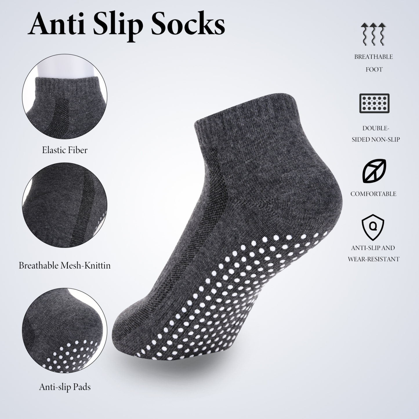 sixwipe 4 Pairs Non Slip Socks with Grip, Anti Slip Socks with Cushion,Full Toe Ankle Fall Prevention Socks with Grip,Non Skid Socks for Yoga,Pilates,Dance,Ballet,Men,Women(Black, dark gray)