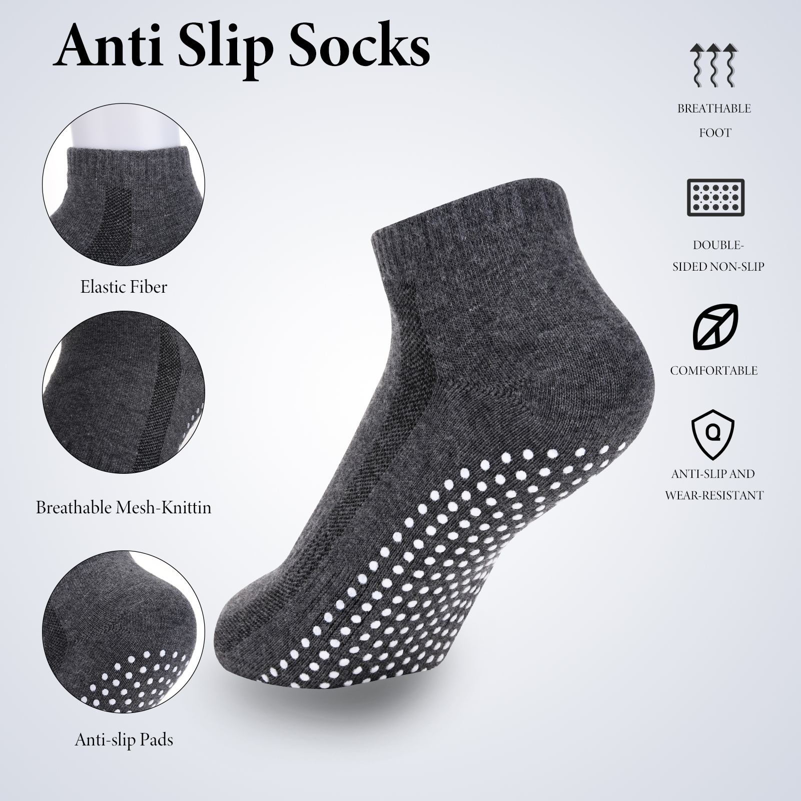 sixwipe 4 Pairs Non Slip Socks with Grip, Anti Slip Socks with Cushion,Full Toe Ankle Fall Prevention Socks with Grip,Non Skid Socks for Yoga,Pilates,Dance,Ballet,Men,Women(Black, dark gray)