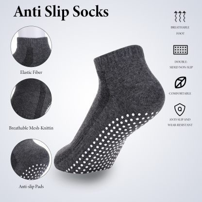 sixwipe 4 Pairs Non Slip Socks with Grip, Anti Slip Socks with Cushion,Full Toe Ankle Fall Prevention Socks with Grip,Non Skid Socks for Yoga,Pilates,Dance,Ballet,Men,Women(Black, dark gray)