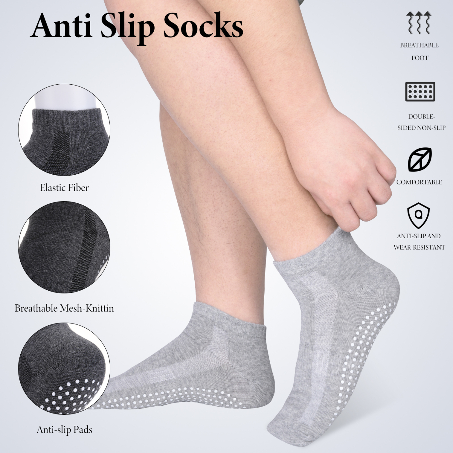 sixwipe 4 Pairs Non Slip Socks with Grip, Anti Slip Socks with Cushion,Full Toe Ankle Fall Prevention Socks with Grip,Non Skid Socks for Yoga,Pilates,Dance,Ballet,Men,Women(Black, dark gray)