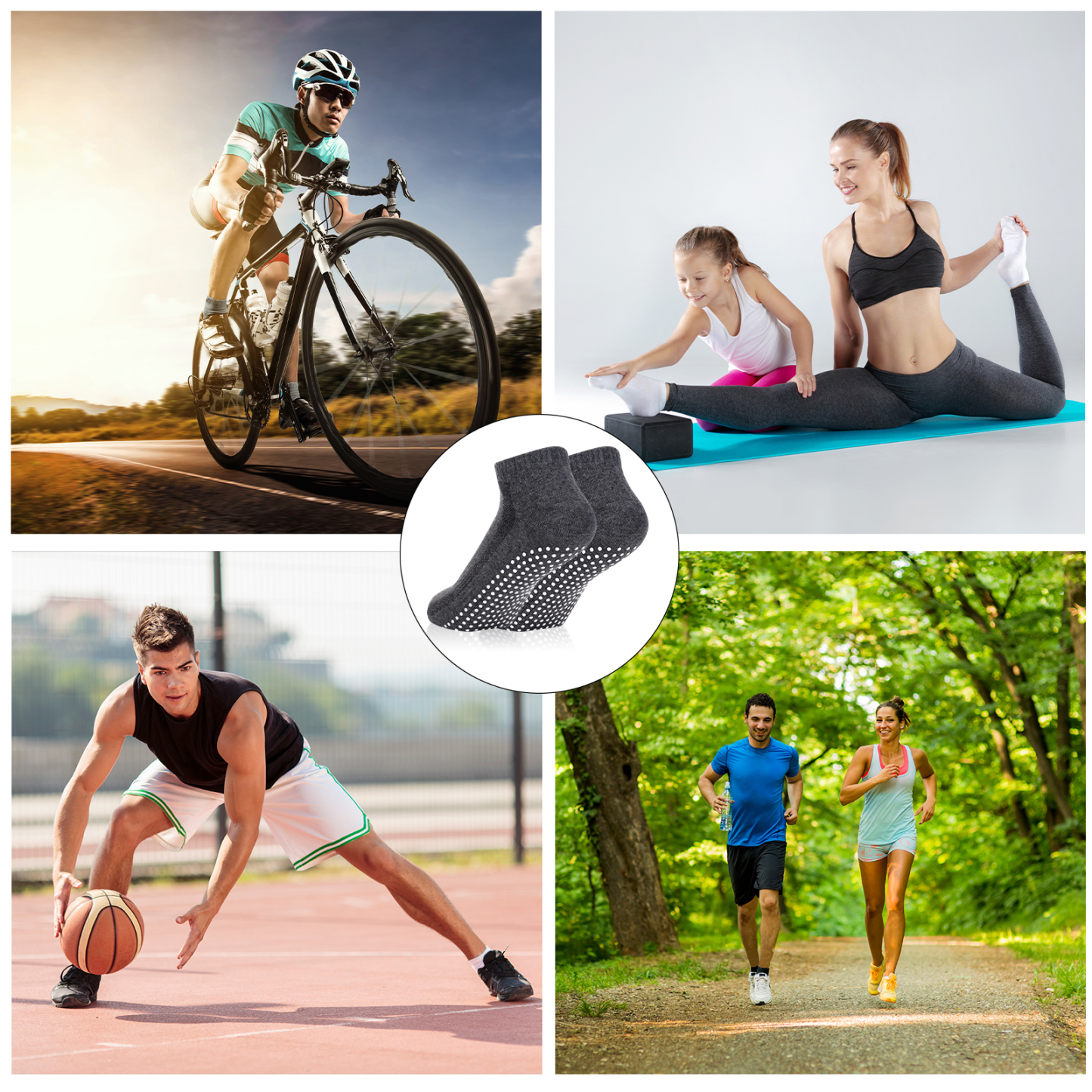 sixwipe 4 Pairs Non Slip Socks with Grip, Anti Slip Socks with Cushion,Full Toe Ankle Fall Prevention Socks with Grip,Non Skid Socks for Yoga,Pilates,Dance,Ballet,Men,Women(Black, dark gray)